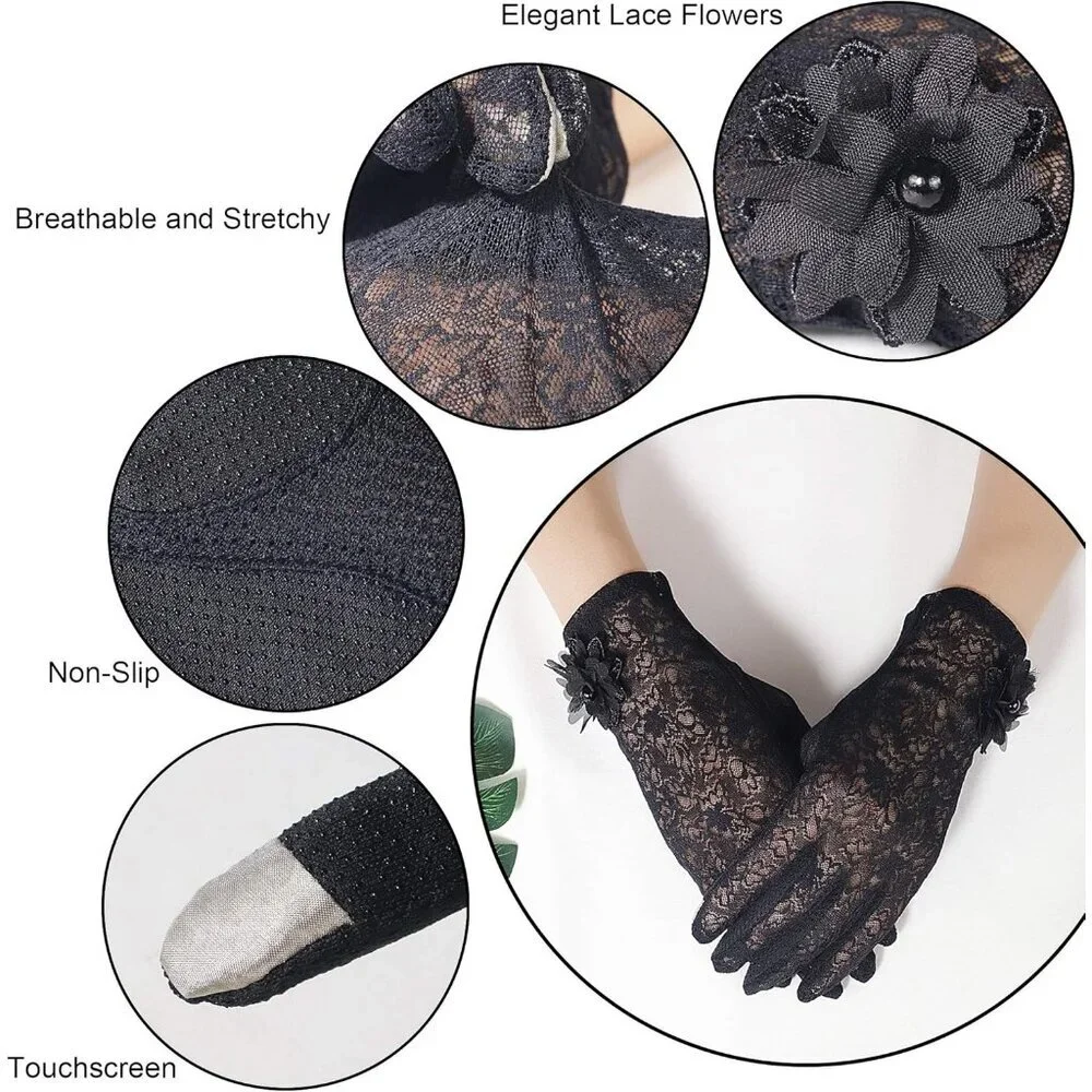 Women's Flower Black Floral Embroider Lace Gloves Summer Sun Protection